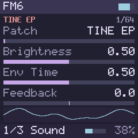 The screen. FM6 on its first voice, TINE EP, while a chord sounds.