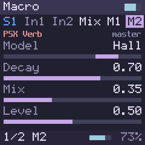 The screen. FX mode: Plate in M1 and PSX Verb in M2, chosen, with its first page on the knobs.