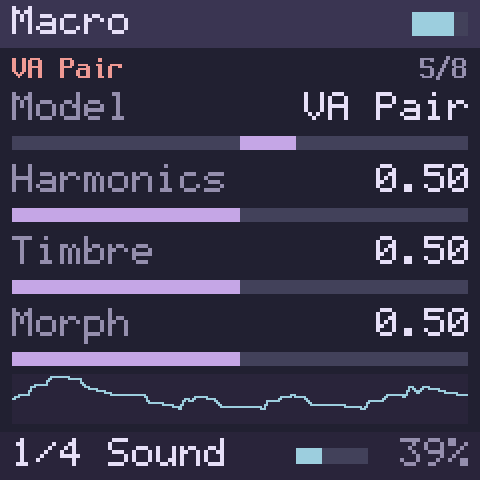 The screen. Macro on its VA Pair model, page 1, while a chord sounds.