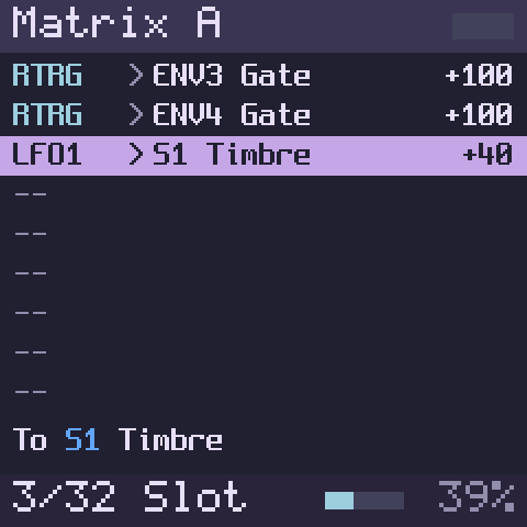 The screen. The matrix: the default rack’s two cables, and a third from LFO1 to Sound 1’s Timbre at +40 %, chosen.