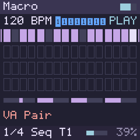 The screen. SEQ mode while the demo pattern plays: the status line, the grid with the playhead (the light step), the knob strip and the hint line.