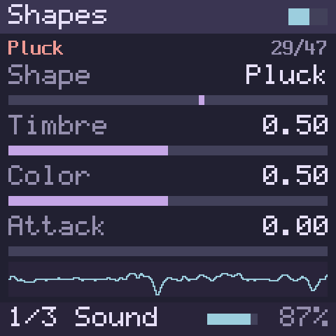 The screen. Shapes on Pluck, page 1.