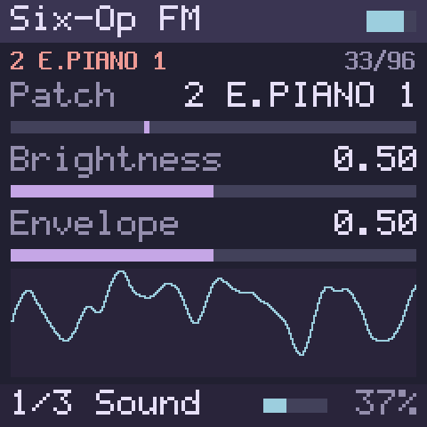 The screen. Six-Op FM on its default patch, 2 E.PIANO 1. Its first page has three controls.